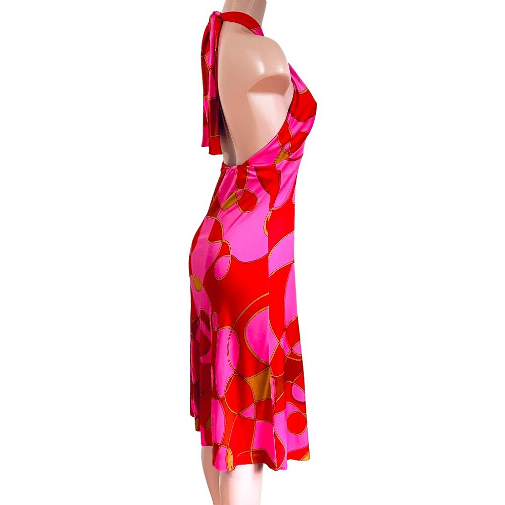 NWT Flora Kung Vibrant Pink Print Silk Jersey Strapless Backless Halter Dress